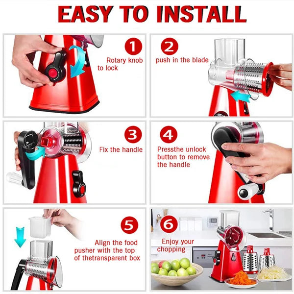 3 in 1 Rotary Vegetables Mandoline/Cutter - Manual Tabletop Drum Cutter